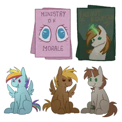 Size: 800x800 | Tagged: safe, artist:molars, derpibooru import, pinkie pie, rainbow dash, oc, oc:calamity, oc:littlepip, pegasus, unicorn, fallout equestria, chibi, commission, glow, glowing horn, horn, image, ministry of morale, pinkie pie is watching you, pipbuck, plushie, png, poster