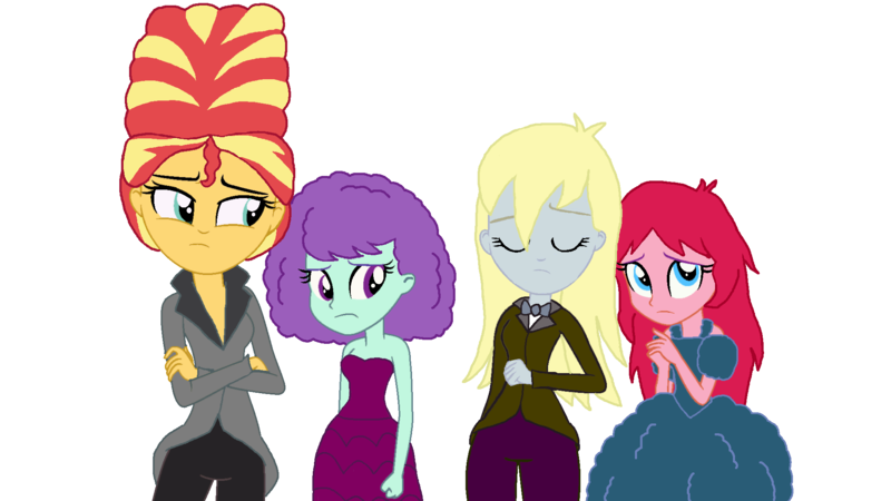 Size: 2000x1125 | Tagged: safe, artist:bigpurplemuppet99, derpibooru import, blueberry pie, derpy hooves, raspberry fluff, sunset shimmer, equestria girls, alternate hairstyle, beehive hairdo, image, png, simple background, the muffins, transparent background, updo