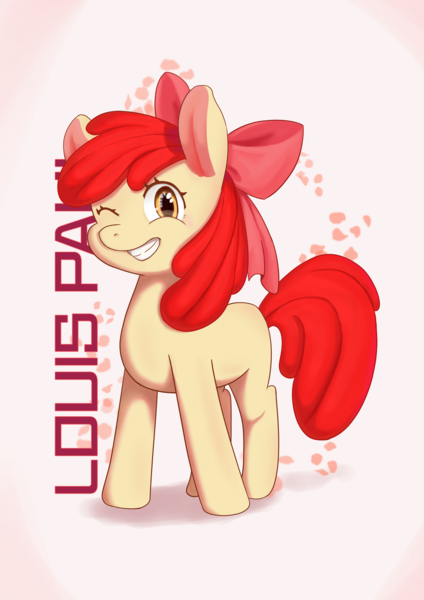 Size: 4092x5787 | Tagged: safe, artist:nc131, artist:nc131_, derpibooru import, apple bloom, earth pony, pony, adorabloom, cute, female, filly, foal, grin, image, one eye closed, png, smiling, solo, text, wink
