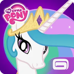 Size: 1024x1024 | Tagged: safe, derpibooru import, princess celestia, alicorn, pony, app, app icon, crown, female, gameloft, gameloft logo, icon, image, jewelry, looking at you, mare, my little pony logo, png, regalia, solo