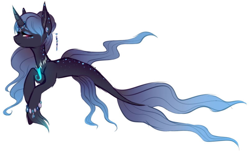 Size: 951x578 | Tagged: safe, artist:peaceouttopizza23, derpibooru import, oc, unofficial characters only, hybrid, merpony, original species, pony, seapony (g4), blue mane, blue tail, digital art, dorsal fin, ear fluff, eyelashes, female, fins, fish tail, flowing mane, flowing tail, horn, image, jewelry, lidded eyes, mare, necklace, pink eyes, png, simple background, solo, tail, transparent background, unshorn fetlocks