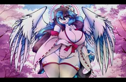 Size: 4096x2679 | Tagged: suggestive, alternate version, artist:canvymamamoo, derpibooru import, oc, oc:canvy, unofficial characters only, anthro, pegasus, belly button, big breasts, both cutie marks, breast grab, breasts, cherry blossoms, chest fluff, clothes, ear fluff, eyebrows, eyebrows visible through hair, eyeshadow, female, flower, flower blossom, grope, hair bun, heart, heart eyes, huge breasts, image, jpeg, kimono (clothing), lidded eyes, looking at you, maiden, makeup, smiling, socks, solo, solo female, spread wings, stockings, thigh highs, tongue out, tree, wide hips, wingding eyes, wings