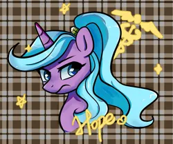 Size: 1011x847 | Tagged: safe, artist:brella, derpibooru import, idw, radiant hope, crystal pony, pony, unicorn, abstract background, alternate hairstyle, bust, crystal unicorn, female, horn, image, looking at you, mare, png, ponytail, portrait, scrunchie, solo