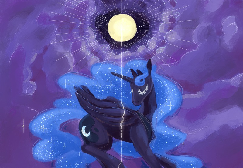 Size: 4333x3000 | Tagged: safe, artist:audrey romero, derpibooru import, princess luna, alicorn, pony, 2022, absurd resolution, cloud, eyes closed, female, flying, image, jpeg, mare, missing accessory, moon, night, redraw, sky, solo, spread wings, wings