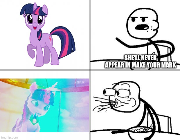 Size: 620x485 | Tagged: safe, derpibooru import, edit, screencap, twilight sparkle, my little pony: make your mark, spoiler:g5, spoiler:my little pony: make your mark, cereal guy, g5, image, jpeg, meme, my little pony: make your mark chapter 2, rage comic, spit take