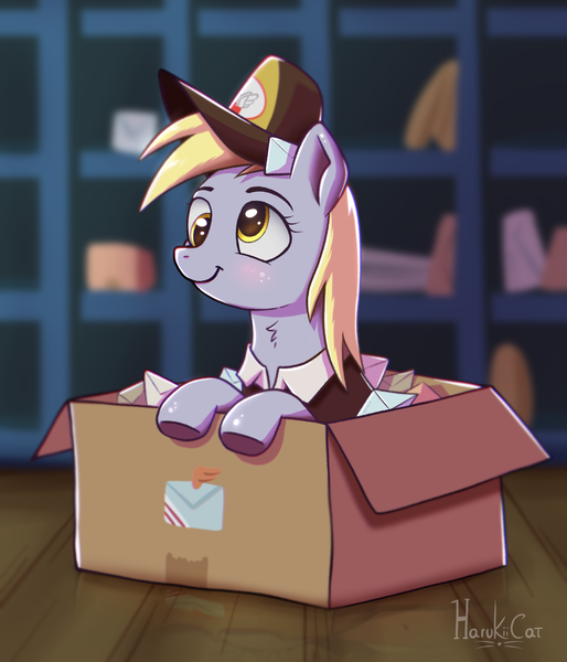 Size: 1800x2100 | Tagged: safe, artist:harukiicat, derpibooru import, derpy hooves, pegasus, pony, box, clothes, cute, female, hat, image, mail, mailmare, png, pony in a box, post office, shading, smiling, solo