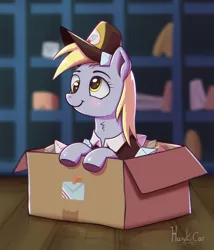 Size: 1800x2100 | Tagged: safe, artist:harukiicat, derpibooru import, derpy hooves, pegasus, pony, box, clothes, cute, female, hat, image, mail, mailmare, png, pony in a box, post office, shading, smiling, solo