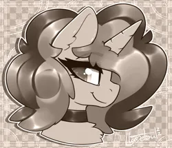 Size: 1026x882 | Tagged: safe, artist:llametsul, derpibooru import, oc, oc:creme cookie, pony, unicorn, choker, image, looking at you, monochrome, png, signature, smiling, smiling at you, solo