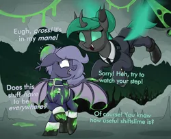 Size: 2944x2389 | Tagged: safe, artist:moonatik, derpibooru import, oc, oc:selenite, unnamed oc, unofficial characters only, bat pony, changeling, pony, alternate timeline, bat pony oc, bat wings, boots, changeling hive, changeling oc, changeling slime, city, cityscape, clothes, covered, dialogue, disgusted, fangs, female, flying, grossed out, hair bun, image, mare, messy mane, military pony, military uniform, necktie, new lunar millennium, nightmare takeover timeline, png, raised hoof, shirt, shoes, spread wings, tail, tail bun, uniform, walking, wings