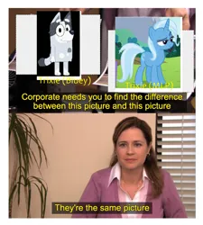 Size: 1389x1541 | Tagged: safe, artist:thegamerpainter, derpibooru import, edit, edited screencap, screencap, trixie, human, pony, unicorn, bluey, exploitable meme, female, image, meme, png, spoilers for another series, text, the office, they're the same picture, trixie (bluey), trixie heeler