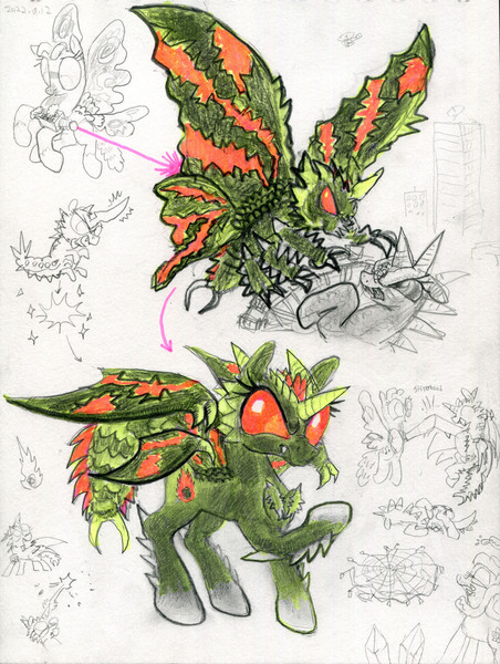 Size: 3000x3983 | Tagged: safe, artist:ja0822ck, derpibooru import, ponified, bug pony, insect, kaiju, kaiju pony, pony, battra, biollante, godzilla, godzilla (series), image, jpeg, mothra, traditional art