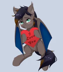 Size: 1775x2048 | Tagged: safe, artist:nihithebrony, derpibooru import, oc, oc:black night, unofficial characters only, bat pony, bat pony oc, bat wings, ear fluff, fangs, heart, i love you, image, jpeg, male, multicolored hair, multicolored mane, slit pupils, solo, wings