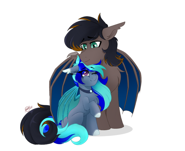 Size: 2452x1994 | Tagged: safe, artist:rand-dums, derpibooru import, oc, oc:black night, oc:moonlight selene, unofficial characters only, bat wings, collar, colored wings, ear fluff, ear piercing, earring, fangs, floppy ears, hug, image, jewelry, long mane, long tail, multicolored hair, multicolored mane, multicolored tail, multicolored wings, oc x oc, one eye closed, piercing, png, raised hoof, shipping, shy, slit pupils, spread wings, tail, winghug, wings