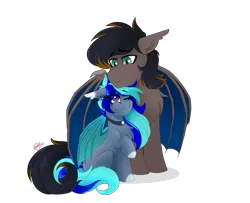 Size: 2452x1994 | Tagged: safe, artist:rand-dums, derpibooru import, oc, oc:black night, oc:moonlight selene, unofficial characters only, bat wings, collar, colored wings, ear fluff, ear piercing, earring, fangs, floppy ears, hug, image, jewelry, long mane, long tail, multicolored hair, multicolored mane, multicolored tail, multicolored wings, oc x oc, one eye closed, piercing, png, raised hoof, shipping, shy, slit pupils, spread wings, tail, winghug, wings