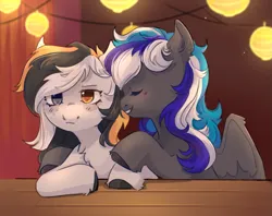 Size: 1171x927 | Tagged: safe, artist:keplera, derpibooru import, oc, oc:flaming dune, oc:storm cloud river's, unofficial characters only, pegasus, pony, blushing, bust, cute, duo, duo female, eyes closed, female, freckles, heterochromia, hug, image, lantern, looking at you, mare, multicolored mane, oc x oc, paper lantern, partially open wings, pegasus oc, png, shipping, sitting, smiling, smug, table, wings