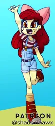 Size: 1485x3367 | Tagged: safe, artist:shadowhawx, derpibooru import, apple bloom, equestria girls, boots, clothes, denim, image, jeans, jpeg, overalls, pants, raised hand, shirt, shoes, short jeans, solo, t-shirt