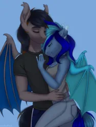 Size: 1620x2160 | Tagged: safe, artist:enderbee, derpibooru import, oc, oc:black night, oc:moonlight selene, unofficial characters only, anthro, bat pony, anthro oc, bat pony oc, bat wings, bra, bra strap, clothes, collar, cuddling, denim, ear fluff, eyes closed, hand on chest, hand on shoulder, hands behind back, holding, image, jeans, multicolored hair, multicolored mane, multicolored tail, oc x oc, pants, png, shipping, shirt, shorts, t-shirt, tail, tanktop, underwear, wings
