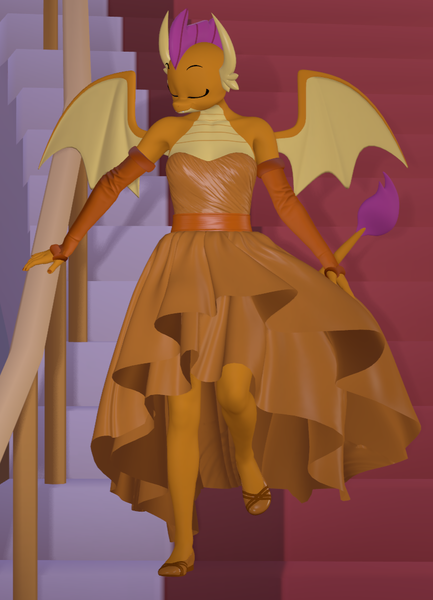 Size: 780x1080 | Tagged: safe, artist:ponygamer2020, artist:ponygamersfm, derpibooru import, smolder, anthro, dragon, 3d, beauty and the beast, clothes, crossover, cute, daaaaaaaaaaaw, disney, disney princess, dragoness, dress, eyes closed, female, flats, happy, image, legs, legs in air, nexgen, older, older smolder, png, princess smolder, raised leg, shoes, smiling, smolder also dresses in style, smolderbetes, source filmmaker, spread wings, stairs, tail, walking, wings