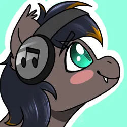 Size: 2048x2048 | Tagged: safe, artist:anxioussartist, derpibooru import, oc, unofficial characters only, bat pony, bat pony oc, bat wings, blushing, bust, ear fluff, fangs, green background, headphones, image, music notes, outline, png, portrait, simple background, slit pupils, solo, white outline, wings