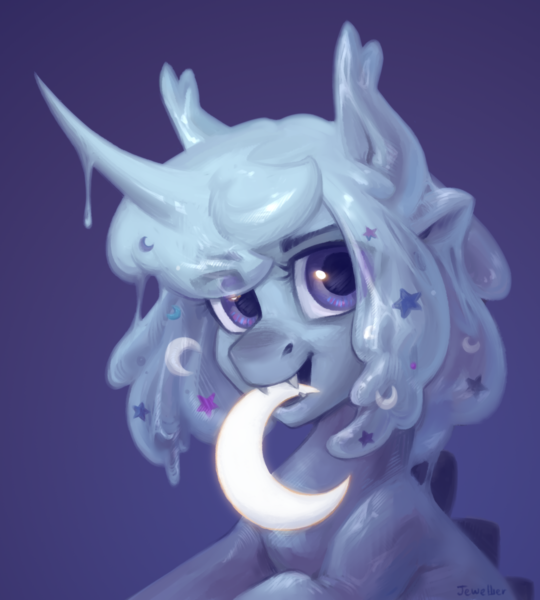 Size: 1800x2000 | Tagged: safe, artist:jewellier, derpibooru import, oc, unofficial characters only, goo, goo pony, original species, pony, crescent moon, fangs, image, looking at you, moon, png, simple background, solo