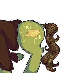 Size: 433x512 | Tagged: suggestive, alternate version, artist:atiha, derpibooru import, oc, oc:sagiri himoto, unofficial characters only, pony, unicorn, brown coat, brown hair, brown tail, butt, clothes, disproportional anatomy, dock, food, glowing cutie mark, green coat, half body, horn, image, lemon, plot, png, simple background, solo, sparkling, sweater, tail, telegram sticker, transparent background, unicorn oc