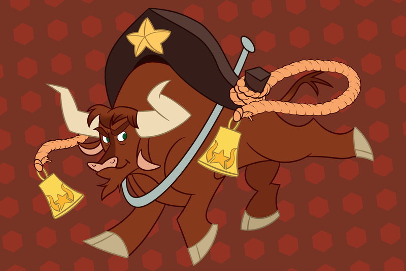 Size: 3082x2062 | Tagged: safe, artist:nonameorous, derpibooru import, cow, them's fightin' herds, beard, bell, bells, brown background, community related, facial hair, hexagon, image, male, png, rope, ropes, simple background, smug, texas