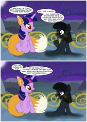 Size: 3089x4306 | Tagged: safe, artist:badumsquish, derpibooru import, twilight sparkle, twilight sparkle (alicorn), oc, alicorn, fox, fox pony, hybrid, monster pony, original species, pony, shadow pony, 2 panel comic, balcony, book, comic, cursed, derpibooru exclusive, dialogue, duo, egyptian pony, evil grin, eyeshadow, female, folded wings, fox ears, fox tail, grin, heart, image, kitsune, kitsune pony, looking at you, magic, makeup, mare, open mouth, open smile, png, possessed, possession, red eyes, red eyeshadow, shadow, sharp teeth, show accurate, sitting, smiling, smirk, smug, solo, somnambulan curse, species swap, tail, tail wag, talking, talking to viewer, teeth, telekinesis, this will end in possession, transformation, twi-fox, twilight's castle, wings, yellow eyes