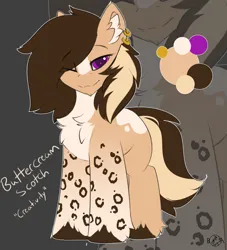 Size: 2495x2742 | Tagged: safe, artist:beardie, derpibooru import, oc, oc:buttercream scotch, unofficial characters only, earth pony, pony, chest fluff, ear fluff, ear piercing, earring, eyebrows, eyebrows visible through hair, fluffy, image, jewelry, leopard print, lidded eyes, looking at you, one eye closed, piercing, png, reference sheet, smiling, solo, unshorn fetlocks, wink, winking at you