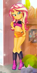 Size: 828x1617 | Tagged: suggestive, artist:charliexe, derpibooru import, sunset shimmer, human, equestria girls, belly button, blushing, clothes, eyebrows, female, grin, image, jpeg, lip bite, looking at you, midriff, signature, smiling, smiling at you, solo, solo female, underwear