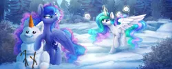Size: 2963x1200 | Tagged: safe, artist:alissa1010, princess celestia, princess luna, alicorn, annoyed, blue coat, bush, carrot, coal, cutie mark, day, devious smile, duo, duo female, ethereal mane, ethereal tail, eyeshadow, female, food, green eyes, hoofprints, image, looking at each other, magic, makeup, multicolored mane, multicolored tail, one eye closed, outdoors, playful, png, purple eyes, signature, snow, snowball, snowball fight, snowman, spread wings, standing on two hooves, stick, telekinesis, tree, white coat, wings, winter