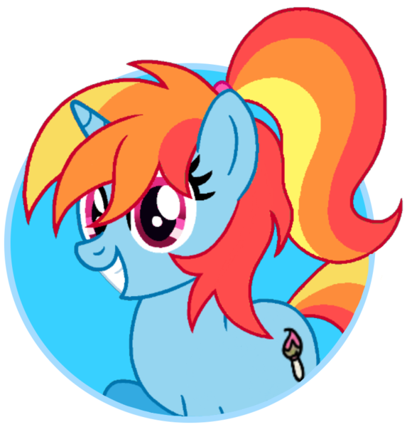 Size: 775x812 | Tagged: safe, derpibooru import, oc, oc:artie brush, unofficial characters only, pony, unicorn, female, horn, icon, image, mare, multicolored hair, paint, paintbrush, png, ponytail, rainbow hair, raised hoof, simple background, smiling, transparent background