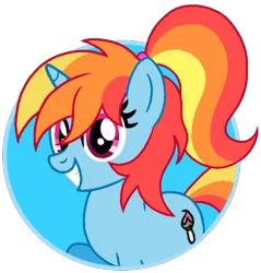 Size: 775x812 | Tagged: safe, derpibooru import, oc, oc:artie brush, unofficial characters only, pony, unicorn, female, horn, icon, image, mare, multicolored hair, paint, paintbrush, png, ponytail, rainbow hair, raised hoof, simple background, smiling, transparent background