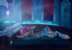 Size: 1180x820 | Tagged: suggestive, artist:stirren, derpibooru import, oc, alicorn, pony, alicorn oc, bondage, commission, horn, image, jpeg, luna's room, lying down, room, rope, rope bondage, solo, wings, ych result, your character here