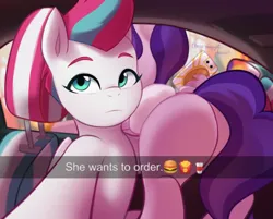 Size: 1600x1289 | Tagged: safe, artist:maren, derpibooru import, pipp petals, zipp storm, pegasus, pony, butt, car interior, female, g5, he wants to order, image, meme, pipp butt, png, royal sisters (g5), selfie, siblings, sisters