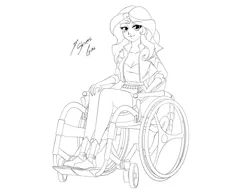 Size: 1280x989 | Tagged: safe, artist:shinta-girl, derpibooru import, sunset shimmer, equestria girls, image, jpeg, lineart, signature, simple background, sitting, solo, wheelchair, white background