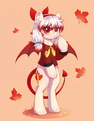 Size: 2500x3200 | Tagged: safe, artist:anya, derpibooru import, oc, oc:cunbenmapleleaf, unofficial characters only, bat pony, pony, bipedal, bow, cheek fluff, chest fluff, clothes, devil tail, hair bow, image, looking at you, png, shirt, solo, spread wings, tail, wings
