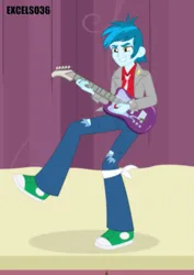 Size: 661x935 | Tagged: safe, artist:excelso36, derpibooru import, part of a set, thunderbass, human, equestria girls, canterlot high, clothes, converse, electric guitar, guitar, image, male, musical instrument, necktie, png, shoes, stage