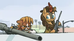 Size: 497x274 | Tagged: safe, artist:plunger, derpibooru import, pumpkin smoke, ponified, ponified:sgt. reckless, kirin, pony, female, gun, image, male, mare, png, recoilless rifle, roof kirin, roof korean, weapon
