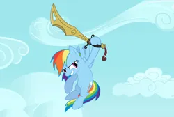 Size: 1100x737 | Tagged: safe, artist:swiftgaiathebrony, derpibooru import, rainbow dash, pegasus, pony, cloud, female, image, mare, object, png, sky, solo, sword, sword of storms, weapon, wind, xiaolin showdown