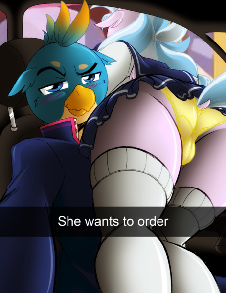 Size: 1500x1950 | Tagged: questionable, artist:boastudio, derpibooru import, gallus, silverstream, anthro, gryphon, hippogriff, blushing, butt, cameltoe, car, car interior, clothes, dock, female, gallstream, he wants to order, image, male, meme, panties, png, selfie, shipping, skirt, skirt lift, socks, stockings, straight, tail, thigh highs, underwear, yellow underwear