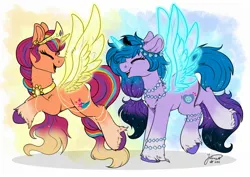 Size: 2048x1448 | Tagged: safe, artist:julunis14, derpibooru import, izzy moonbow, sunny starscout, alicorn, pony, my little pony: a new generation, alicornified, celestia's crown, eyes closed, g5, happy, image, izzycorn, jpeg, luna's crown, open mouth, open smile, race swap, smiling, sunnycorn, unshorn fetlocks