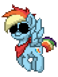 Size: 688x912 | Tagged: safe, artist:twilyisbestpone, derpibooru import, rainbow dash, pegasus, pony, pony town, alternate hairstyle, animated, cool, derpibooru exclusive, female, flying, gif, handkerchief, image, mare, pixel art, simple background, smiling, solo, spread wings, sunglasses, swag, transparent background, wings