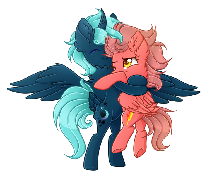 Size: 3500x3000 | Tagged: safe, artist:chromatic-sheen, derpibooru import, oc, oc:fasty fire, oc:fizz, unofficial characters only, alicorn, pegasus, pony, duo, female, hug, image, mare, pegasus oc, png, simple background, spread wings, transparent background, wings