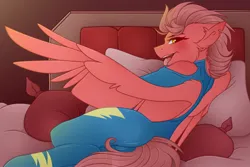 Size: 3000x2000 | Tagged: safe, artist:chromatic-sheen, derpibooru import, oc, oc:fast fire, unofficial characters only, pegasus, pony, bed, clothes, female, image, jpeg, looking at you, lying down, mare, pegasus oc, pillow, side, solo, spread wings, uniform, wings, wonderbolts, wonderbolts uniform