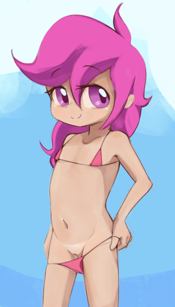 Size: 2037x3575 | Tagged: explicit, artist:parfait, banned from derpibooru, paywalled source, scootaloo, human, art pack:foaling around, abstract background, belly button, bikini, child, clothes, female, humanized, image, lolicon, micro bikini, nudity, panties, panty pull, png, red swimsuit, solo, solo female, swimsuit, underage, underwear, undressing, vaginal secretions, vaginal secretions trail, vulva