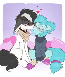 Size: 1163x1370 | Tagged: safe, artist:rexyseven, derpibooru import, oc, oc:whispy slippers, unofficial characters only, earth pony, pony, clothes, female, glasses, image, kiss on the cheek, kissing, male, mare, oc x oc, png, shipping, slippers, socks, straight, sweater