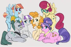 Size: 2048x1342 | Tagged: safe, artist:rirurirue, cloudy quartz, cookie crumbles, pear butter, posey shy, twilight velvet, windy whistles, earth pony, pegasus, pony, unicorn, female, flying, image, jpeg, laying on ground, lying down, mare, mother, simple background, sitting, white background