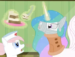 Size: 2048x1556 | Tagged: safe, artist:wingcommanderrudoji, derpibooru import, nurse redheart, princess celestia, alicorn, earth pony, angry, bandage, cake, crumbs, female, food, hospital, image, injured, magic, magic aura, messy eating, neck brace, png, ponyville hospital, telekinesis, text