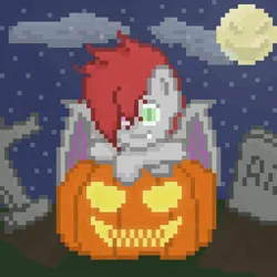 Size: 1024x1024 | Tagged: safe, artist:hoshiro, derpibooru import, oc, oc:hoseki shiro, unofficial characters only, bat pony, bat wings, gravestone, halloween, heterochromia, holiday, image, jack-o-lantern, moon, night, pixel art, png, pumpkin, wings