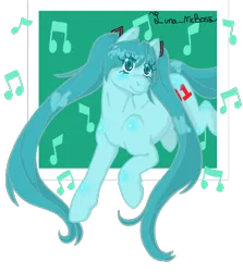 Size: 514x575 | Tagged: safe, artist:luna_mcboss, derpibooru import, earth pony, pony, anime, blue background, blue coat, blue eyes, blue mane, blushing, female, hair tie, hatsune miku, image, jumping, long hair, music, music notes, pigtails, png, simple background, solo, solo female, transparent background, twintails, vocaloid